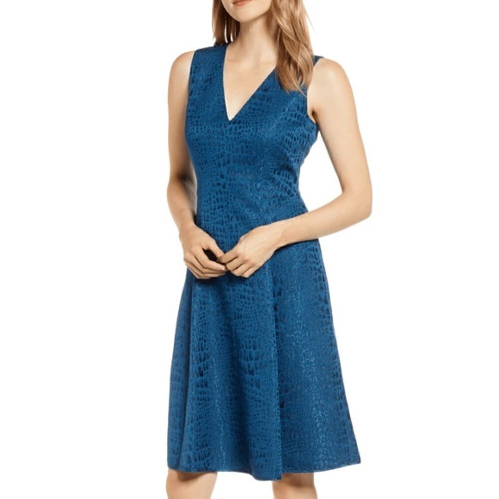 ANNE Klein V Neck Fit Flare Jacquard Dress 2 - Picture 15 of 15